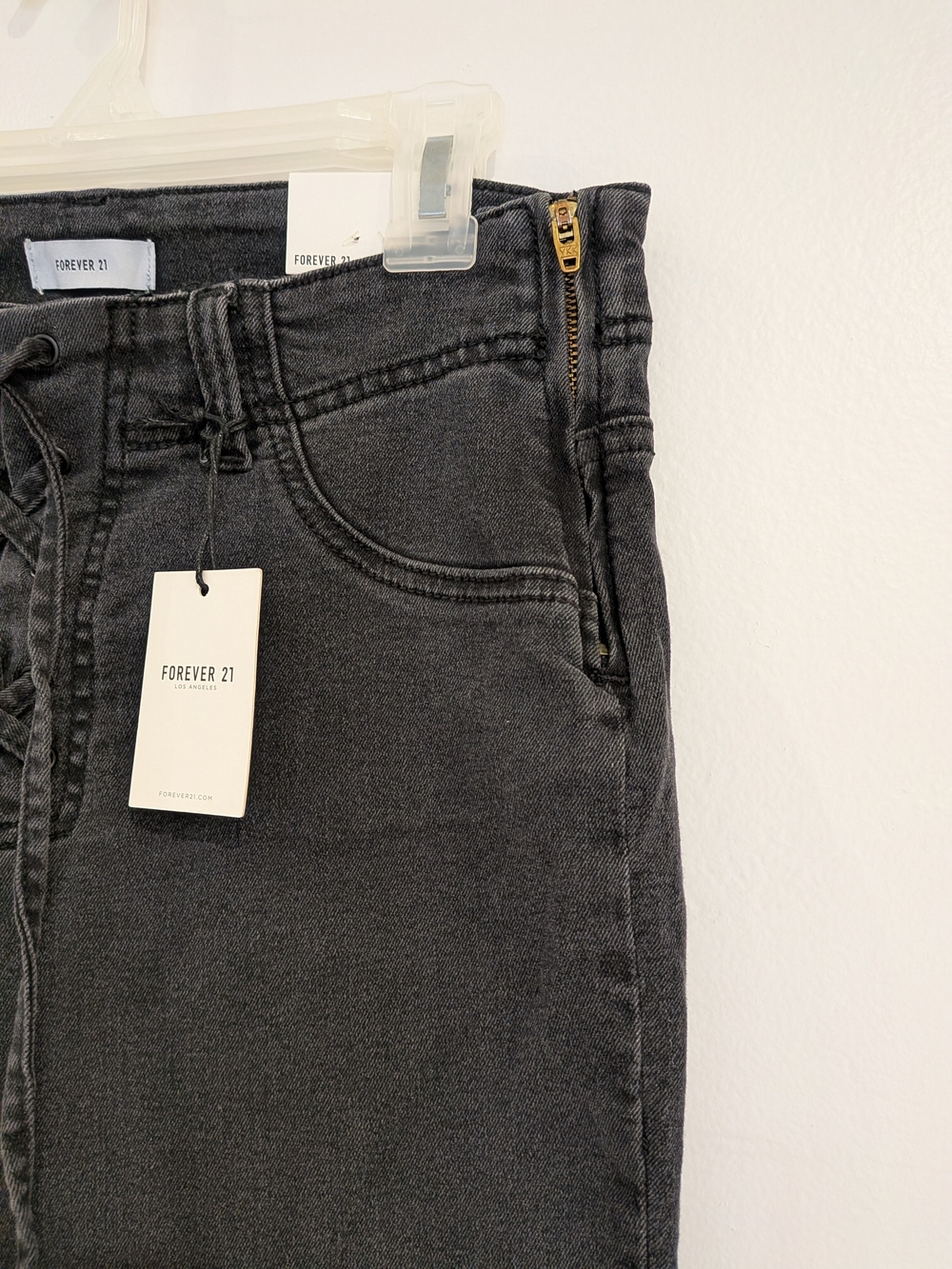 Bootcut Washed Black Lace Up Denim Jeans Women Solid Zip Drawstring NWT - Picture 4 of 10
